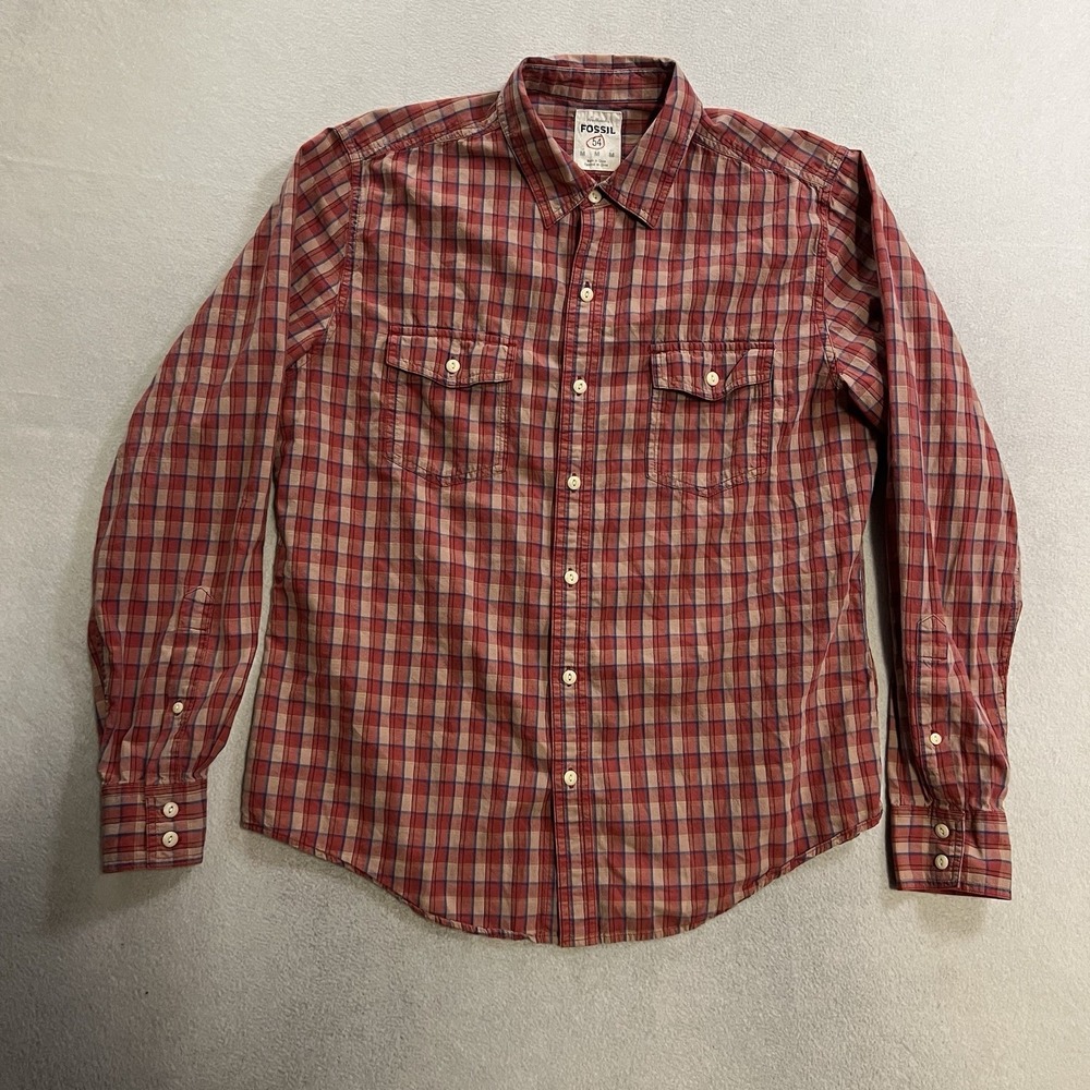 Fossil 54 Shirt Men's Size Medium Red Plaid Button Up Long Sleeve Cotton